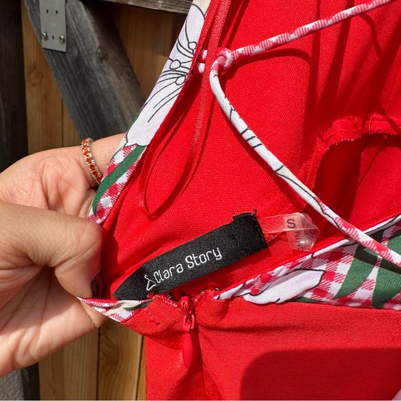 Clara Story Red Strappy Bustier Wide Leg Jumpsuit Floral Gingham Print Top Small - Picture 7 of 8